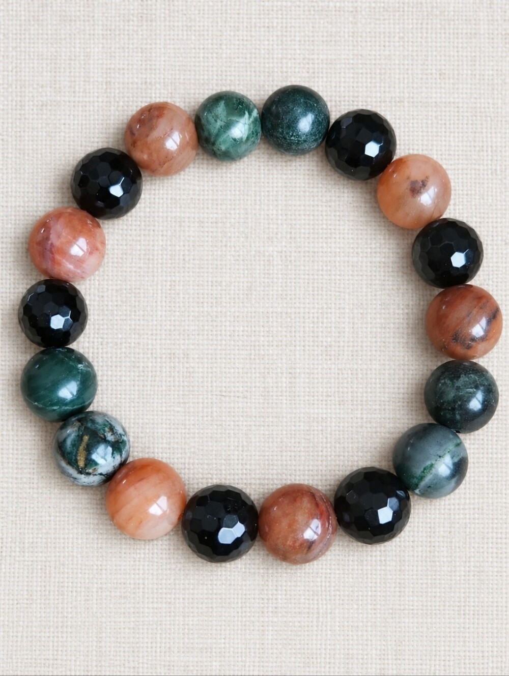 Black Onyx, Rutalited Quartz & Kambaba Beaded Stretch Bracelet | Handmade